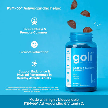 Unlock Wellness with 3 Bottles of Goli Ashwagandha & Vitamin D Gummies - Delicious Mixed Berry Flavor, Vegan, Non-GMO & Gluten-Free!