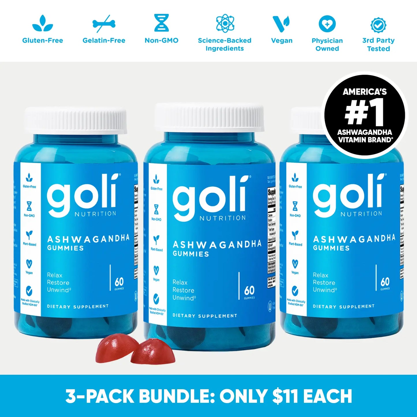 Unlock Wellness with 3 Bottles of Goli Ashwagandha & Vitamin D Gummies - Delicious Mixed Berry Flavor, Vegan, Non-GMO & Gluten-Free!