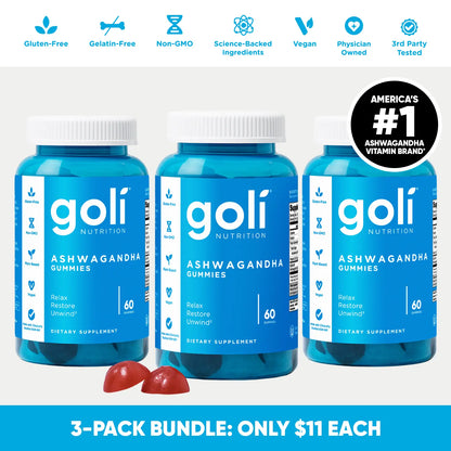Unlock Wellness with 3 Bottles of Goli Ashwagandha & Vitamin D Gummies - Delicious Mixed Berry Flavor, Vegan, Non-GMO & Gluten-Free!