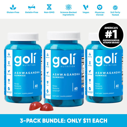 Unlock Wellness with 3 Bottles of Goli Ashwagandha & Vitamin D Gummies - Delicious Mixed Berry Flavor, Vegan, Non-GMO & Gluten-Free!