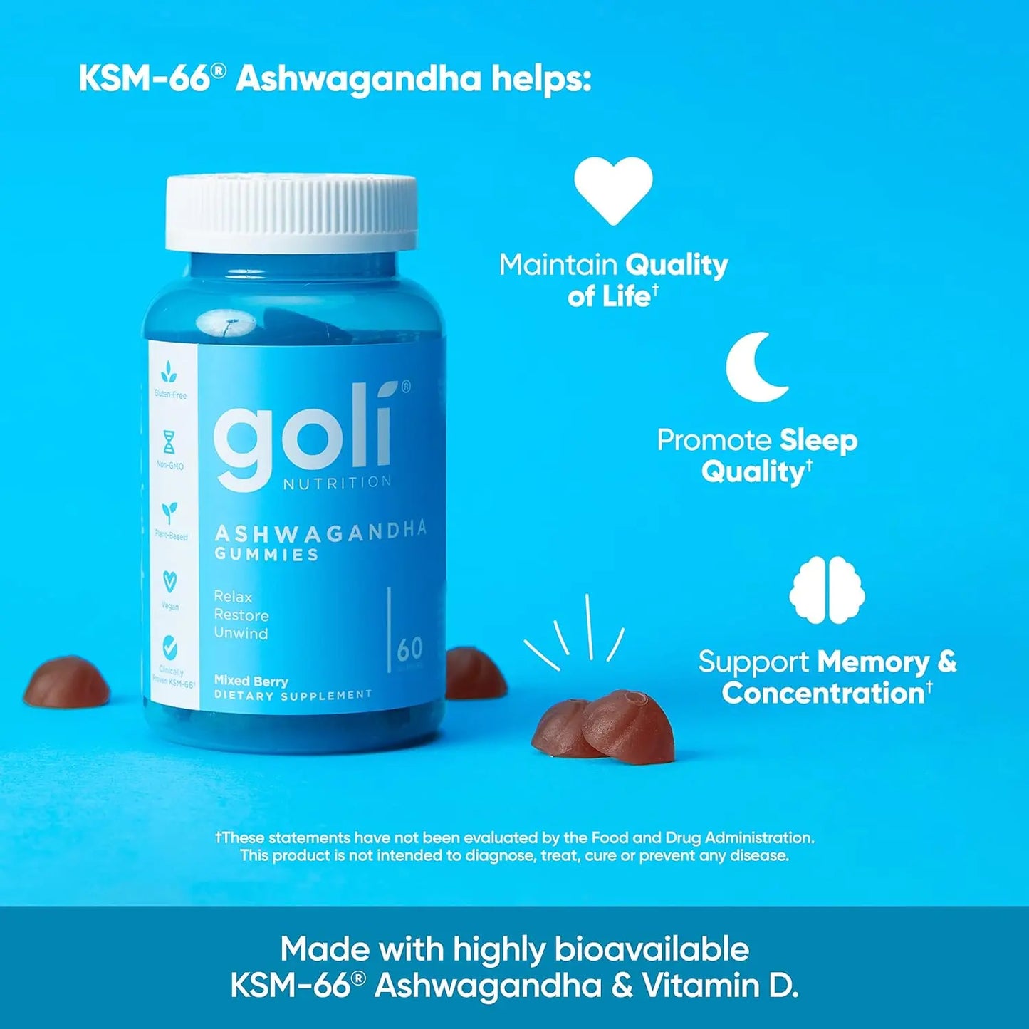Unlock Wellness with 3 Bottles of Goli Ashwagandha & Vitamin D Gummies - Delicious Mixed Berry Flavor, Vegan, Non-GMO & Gluten-Free!